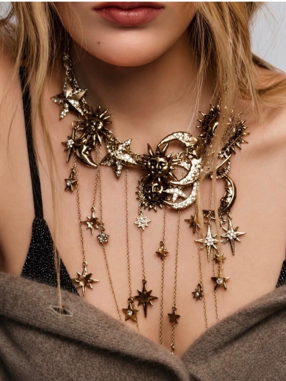 Celestial Sun Moon & Star Statement Fringe Necklace, Boho Gothic Jewelry